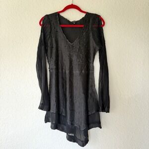 Komarov Mini Dress XL Black Whimsigoth Fairy Vamp Date Night Crinkle Sheer Witch